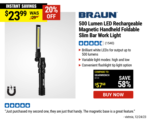 800 Lumen LED Rechargeable Magnetic Handheld Foldable Slim Bar Work Light