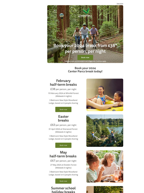 Center Parcs 2024 halfterm breaks from £38* per person, per night