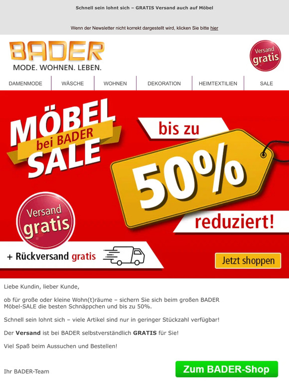 Großer Möbel-SALE bei BADER – jetzt die besten Schnäppchen sichern!