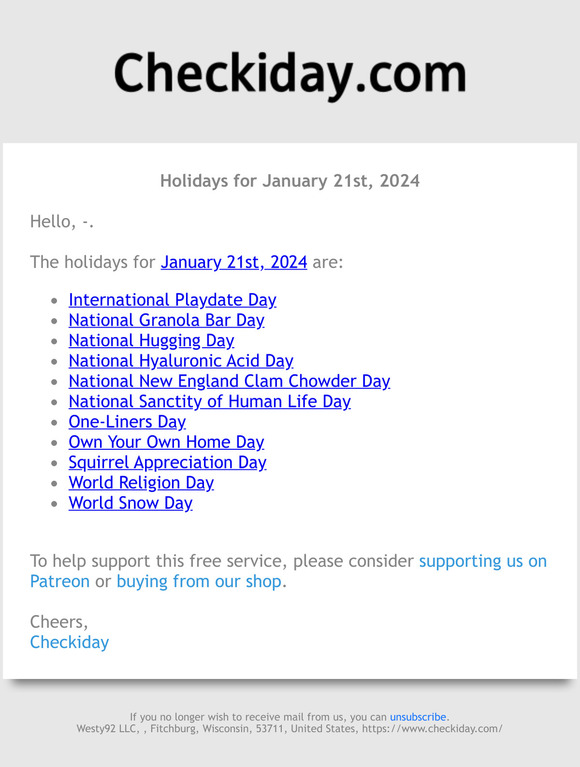 Checkiday holidays for january 21st 2024 milled