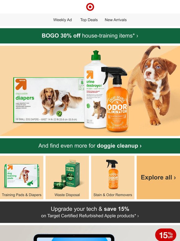 Help train your pup with BOGO 30% off house-training items.