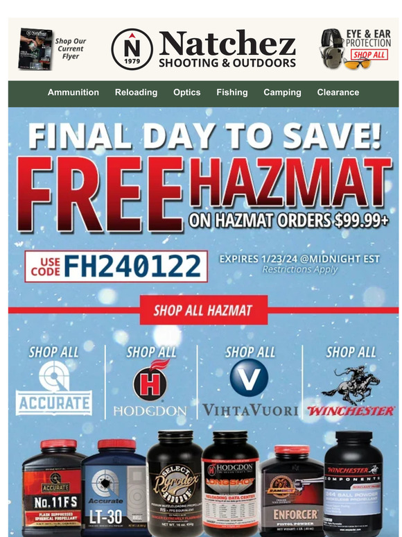 Natchez Shooters Supplies Final Day for Free Hazmat on Hazmat Orders