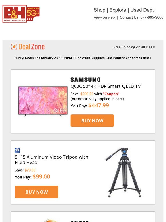 Today's Deals: Samsung 50" 4K HDR Smart QLED TV, Sirui Aluminum Video Tripod w/ Fluid Head, Colbor RGB COB LED Video Light, Portabrace Carrying Run Bag for Grip Essentials & More