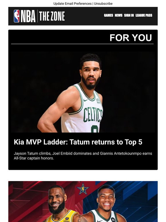 Kia MVP Ladder Tatum returns to Top 5 LeBron, Giannis