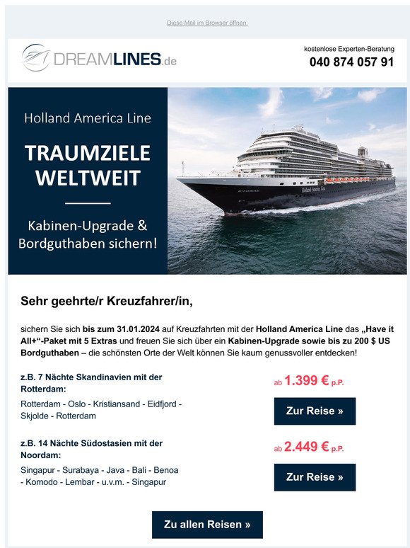 Geschenkt: Kabinen-Upgrade & Bordguthaben zu Ihrer Traumreise mit der Holland America Line!
