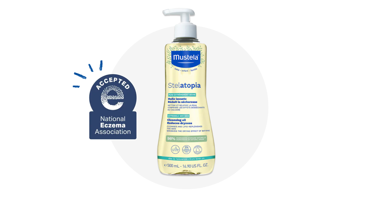 Mustela’s Stelatopia Cleansing Oil is an oil-based cleanser for your baby’s face, hair, and body.