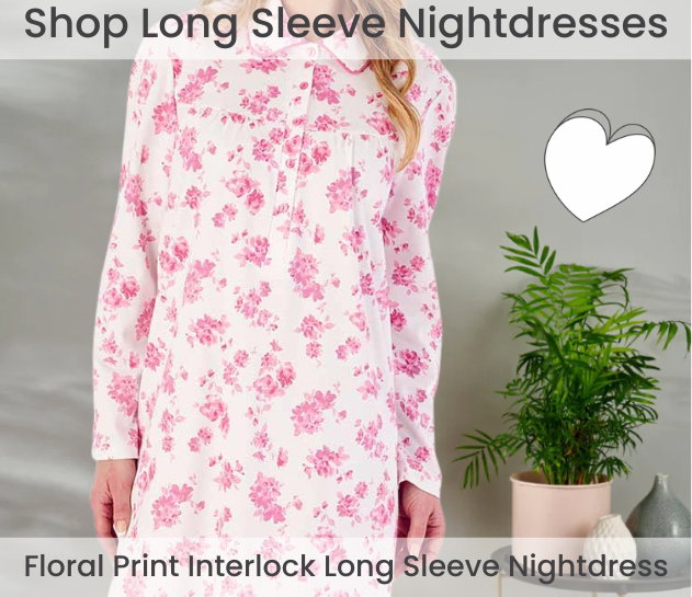 Shop Long Sleeve Nightdresses Featuring Slenderella Print Interlock Long Sleeve Buttoned Top Cotton Nightdress in pink.
