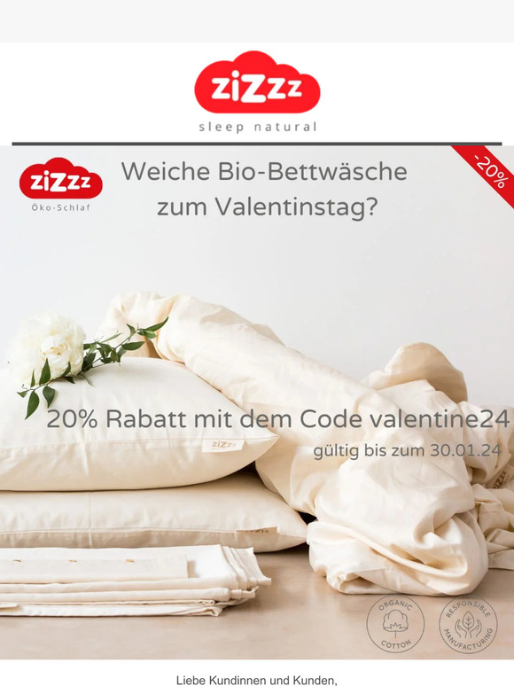 20% Rabatt auf unsere Bio-Baumwoll Bettwäsche für den Valentinstag!
