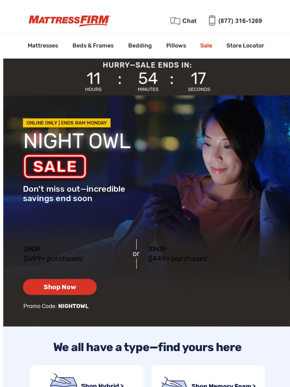 Mattress Firm: Night Owl Sale: Up to an extra 25% off until 8AM