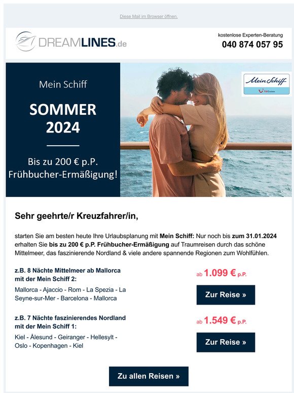 Letzte Chance: Bis zu 200 € Frühbucher-Ermäßigung auf Sommer-Reisen mit Mein Schiff!