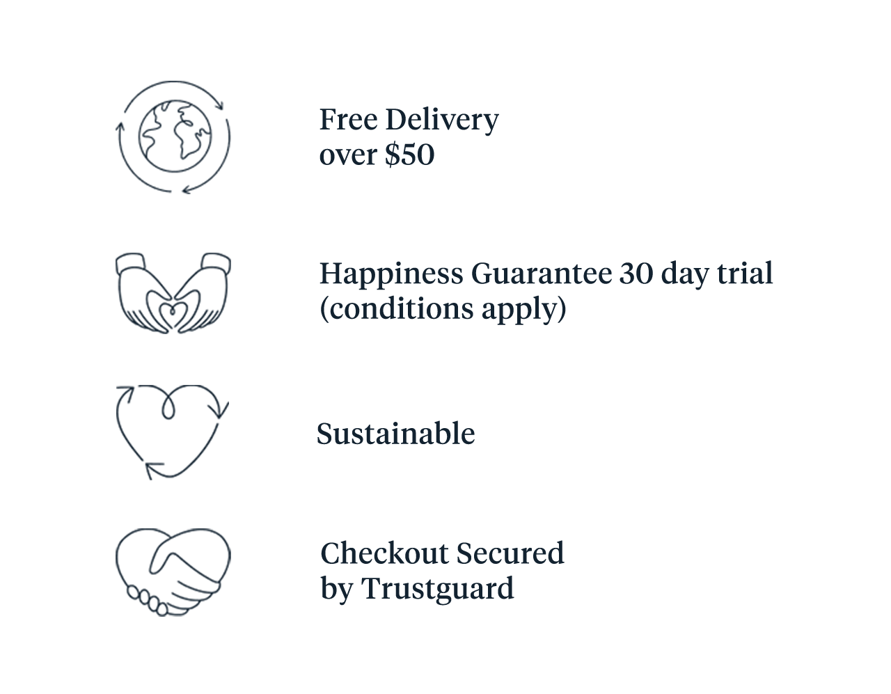 Free Delivery over $50 | Happiness Guarantee 30 day trial (conditions apply) | Sustainable | Checkout Secured by Trustguard