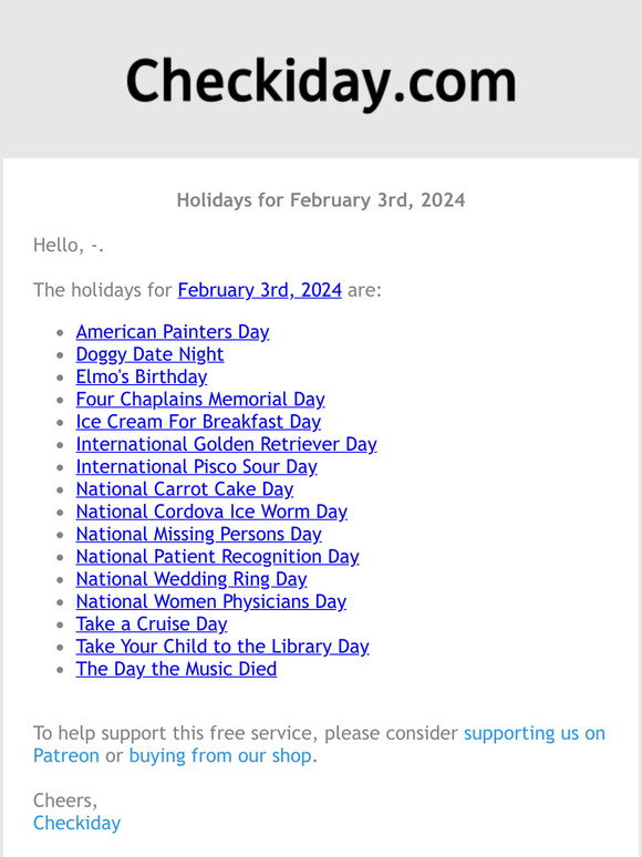 Checkiday: Holidays for February 3rd, 2024! 📅🎉 | Milled