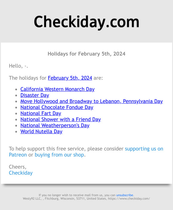 Checkiday Holidays for February 5th, 2024! 📅🎉 Milled