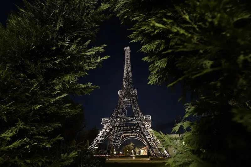 eiffel tower in Filiatra, Greece seen through trees at night