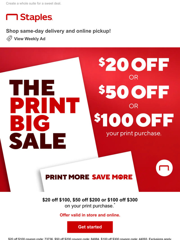 Staples Copy & Print Tap to save [ 20 off ] [ 50 off ] [ 100 off