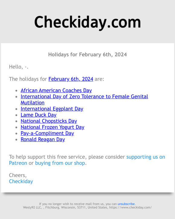 Checkiday Holidays for February 6th, 2024! 📅🎉 Milled