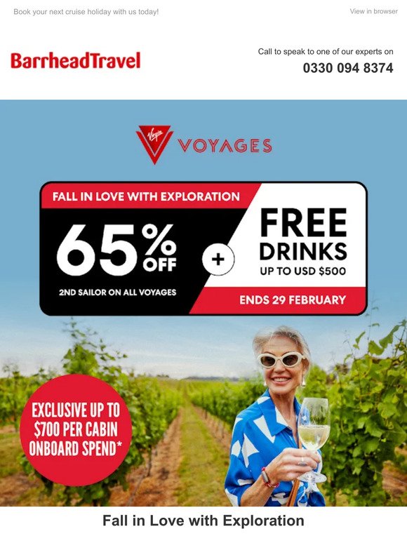 FREE drinks, save up to 65% off 2nd Sailors, plus exclusive up to $700 onboard spend*
