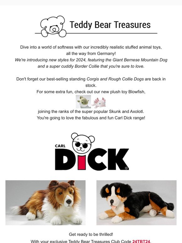 Introducing Our New Carl Dick, Dogs and Fun Plush Toys, All the way from Germany!