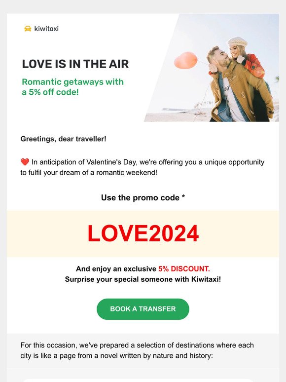 Love is in the air: Romantic getaways with a 5% off code ❤️