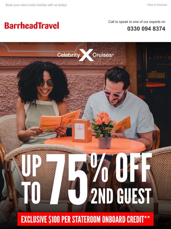 [EXCLUSIVE] $100 per stateroom + up to 75% off* with Celebrity Cruises