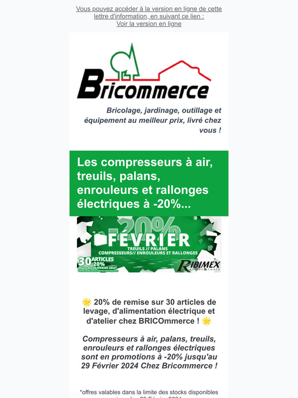 20% de remise sur nos compresseurs, palans, treuils, enrouleurs et rallonges électriques...