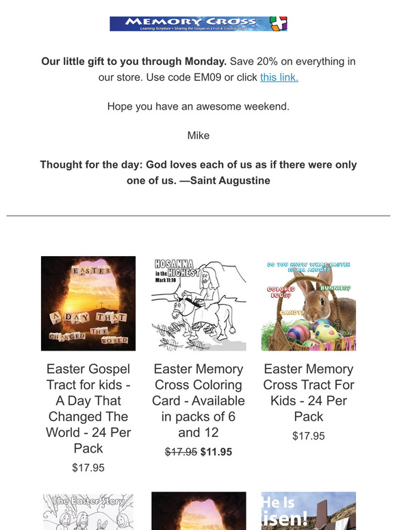 A little gift from us:  Save 20% through Monday using code EM)(