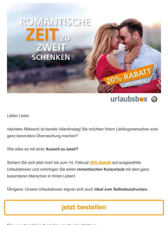 💕 Noch schnell 20% Rabatt auf romantische Kurzurlaube sichern! 💕
