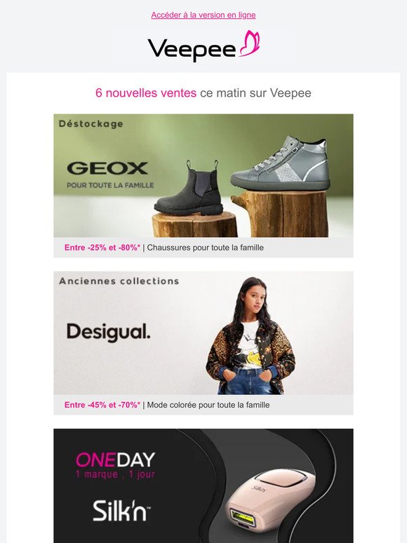 GEOX, DESIGUAL, SILK'N et 3 autres nouvelles ventes sur Veepee