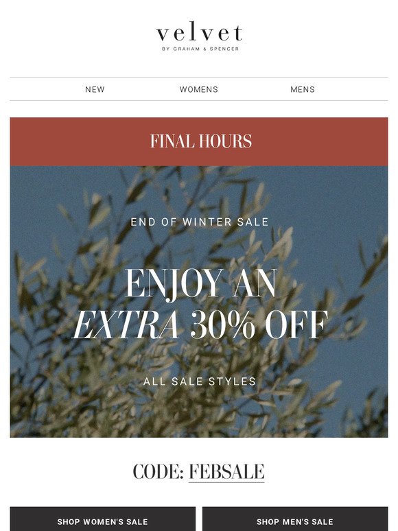 EXTRA 30% OFF SALE IS ENDING