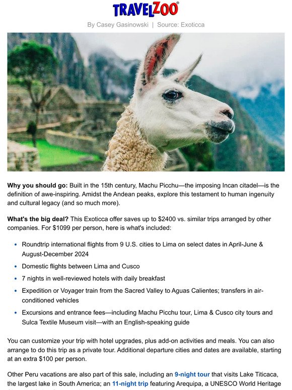 $1099—Peru 7-night tour incl. flights, save $2400