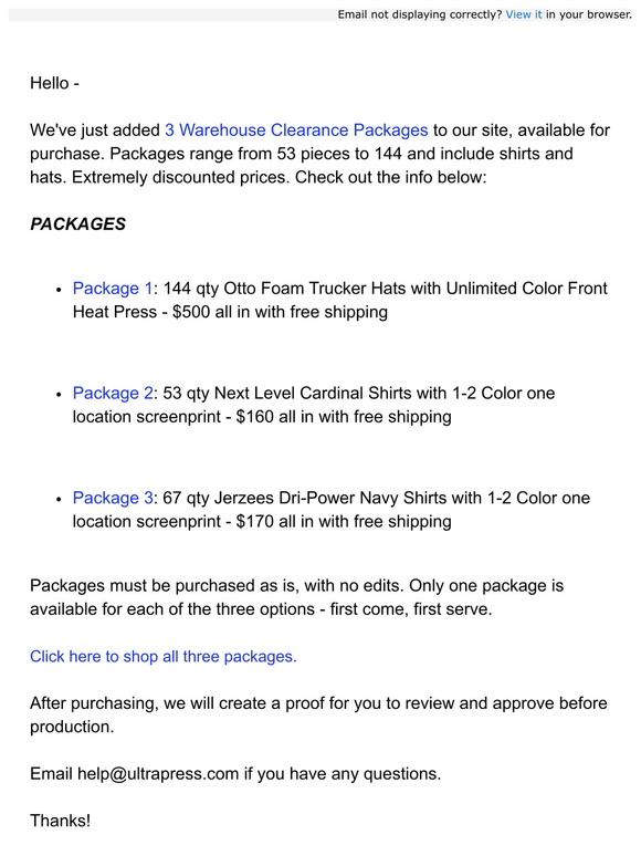 Warehouse Clearance Packages Now On Sale!