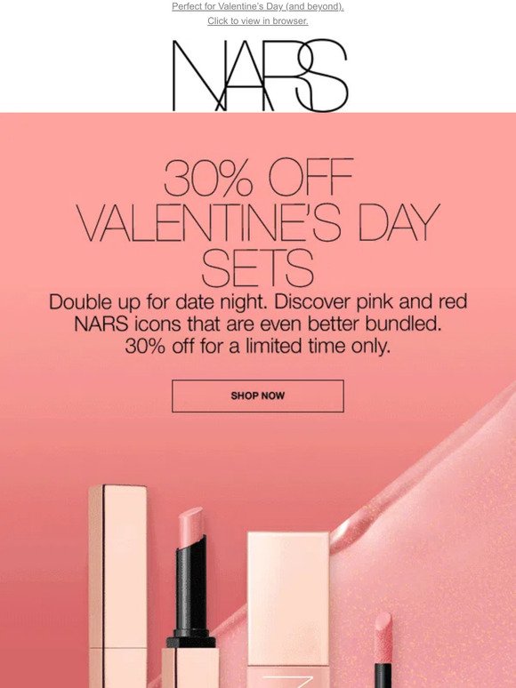 30% off pink and red NARS icons. Limited time only.