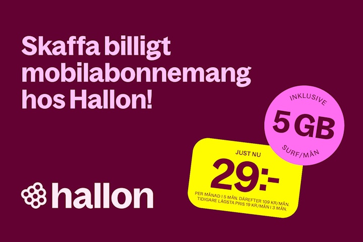 Mobilabonnemang från 29 kr/mån i 5 mån hos Hallon
