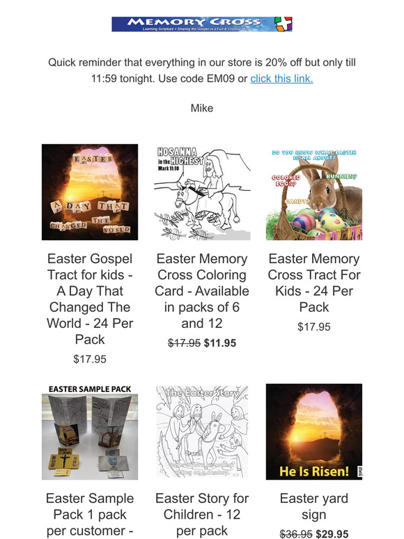 Reminder our sale ends at 11:59 tonight.  Save 20% on everything in our store