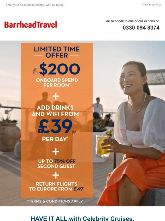Limited time: Up to 75% off 2nd guests + $200 onboard credit per stateroom!