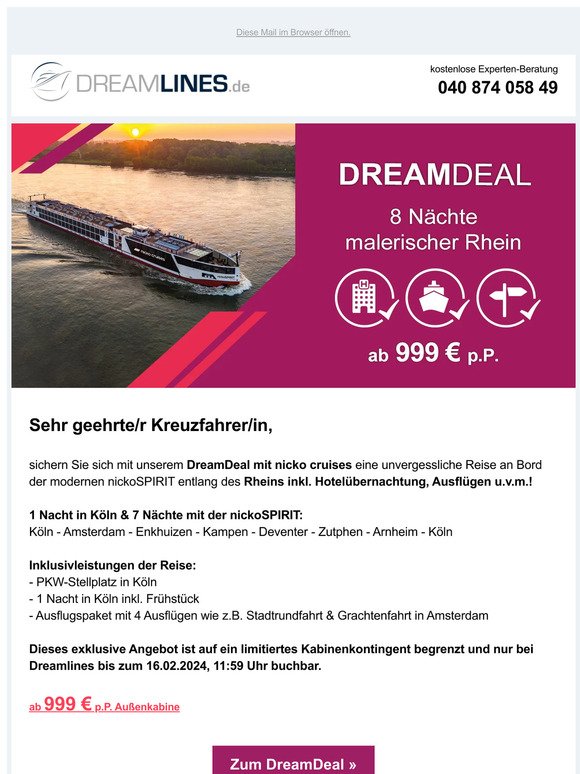 ⏰ DreamDeal: Malerischer Rhein inkl. Hotel, Ausflügen u.v.m. ab 999 € p.P. in der Außenkabine!
