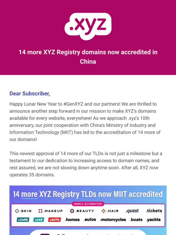 14 More XYZ Registry TLDs now accredited in China!