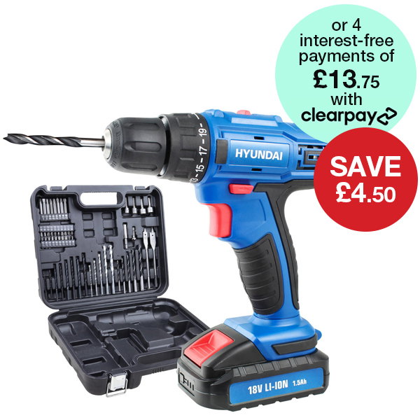 Hyundai 18v 1.5AH Li-Ion Cordless Drill with 54 Piece Drill Accessory Kit | HY2175