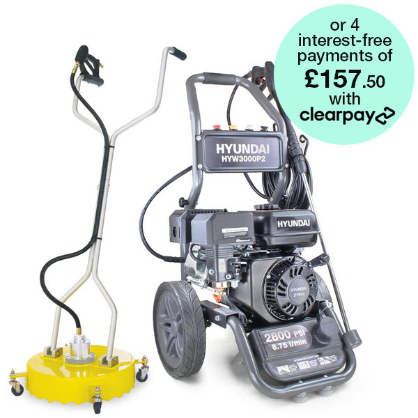 Hyundai 2800psi 213bar Petrol Pressure Washer 8.75L/min 7hp 212cc, Triple-piston Axial Pump &  Whirlaway 18" Rotary Flat Surface Cleaner | HYW3000P2+85.403.005