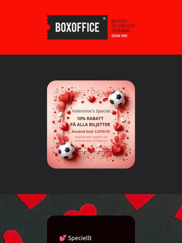💕 Cupids rabatt: Spara 10% på fotbolls-, show- och konsertbiljetter! 💝