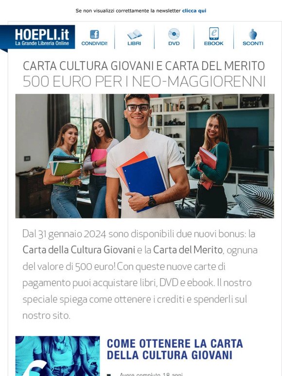 Carta Cultura Giovani e Carta del merito: 500 euro spendibili per libri, DVD e eBook su HOEPLI.it!