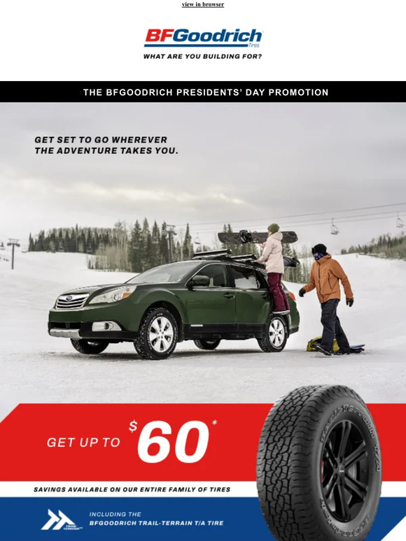 Discover savings on tires for any adventure.
