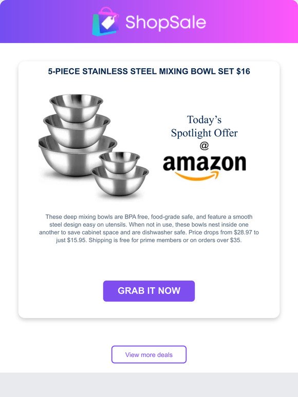 Stainless Steel 5pc Mixing Bowls Set - $16