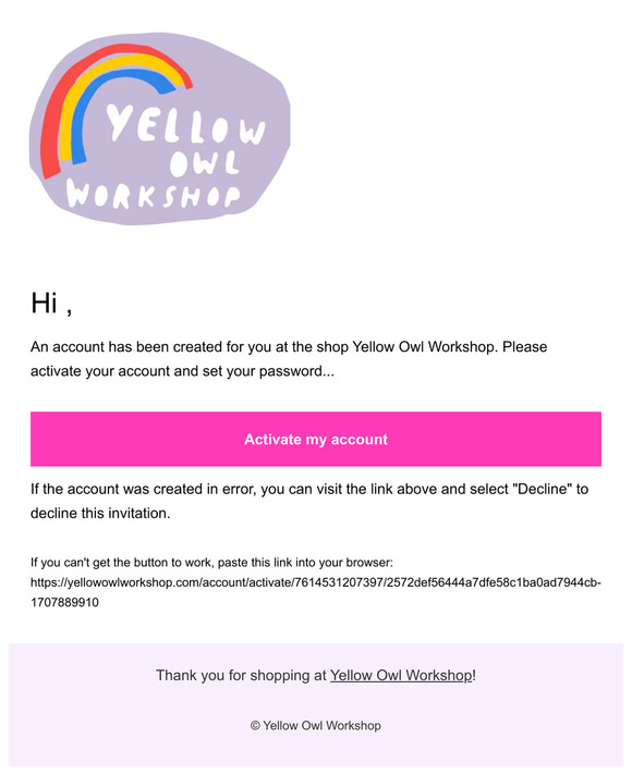 Customer account activation - Yellow Owl Workshop