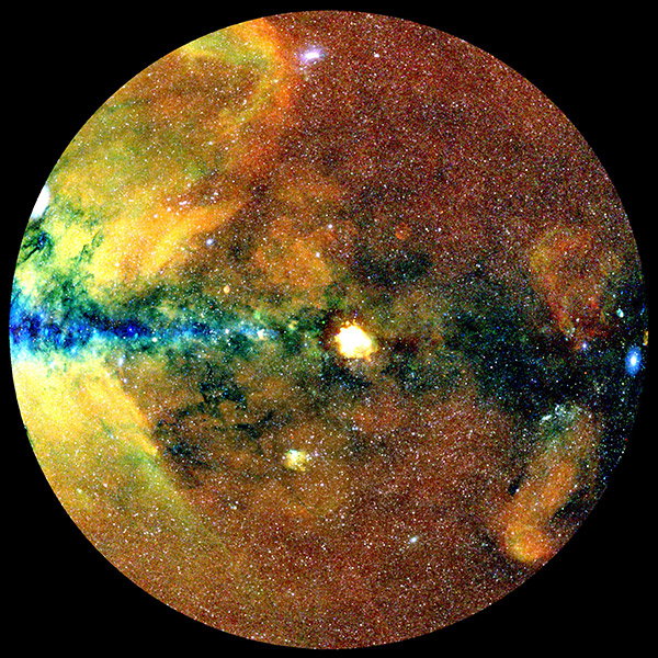 Half of the X-ray sky, projected onto a circle with the centre of the Milky Way on the left and the galactic plane running horizontally.