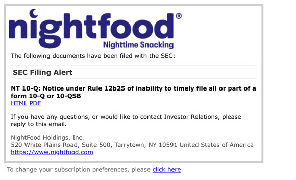 SEC Filing Alert for NightFood Holdings, Inc.
