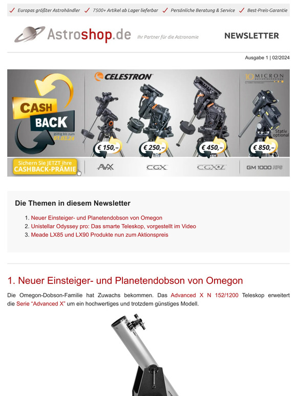 🔭 Neuer Planetendobson von Omegon | Das neue Unistellar Odyssey pro vorgestellt im Video | Meade LX85 und LX90 Produkte nun zum Aktionspreis