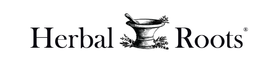 Herbal Roots logo with mortar and pestle between the words