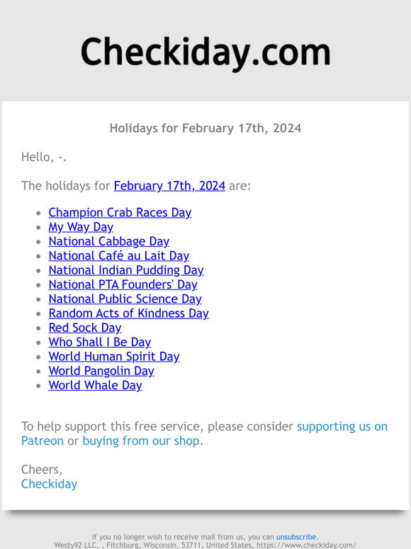 Checkiday Holidays For February 17th 2024 ёяуеёяой Milled
