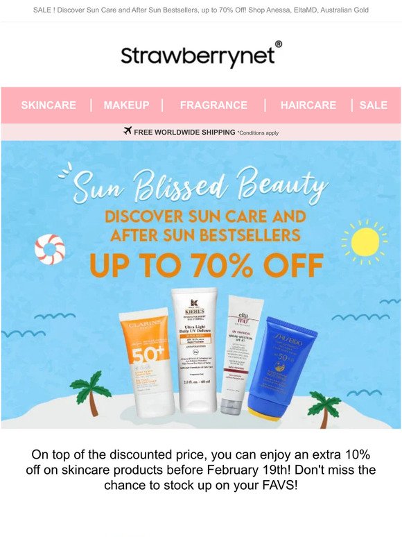 SALE ! Discover Sun Care and After Sun Bestsellers, up to 70% Off! Shop Anessa, EltaMD, Australian Gold
